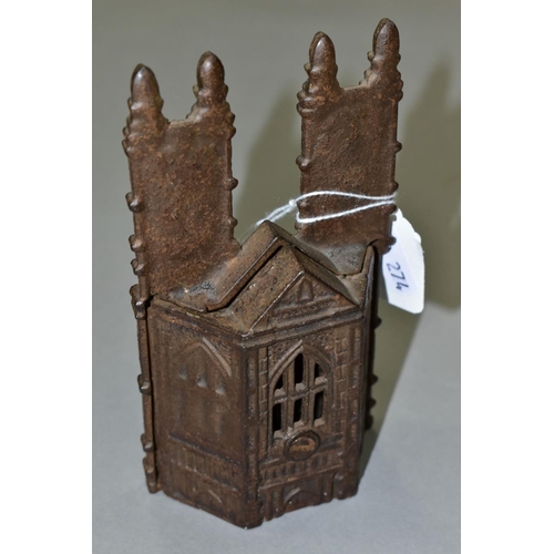 583 - A CAST IRON MONEY BOX, in the form of a twin towered Gothic Cathedral , marked bank to front, flat V... 