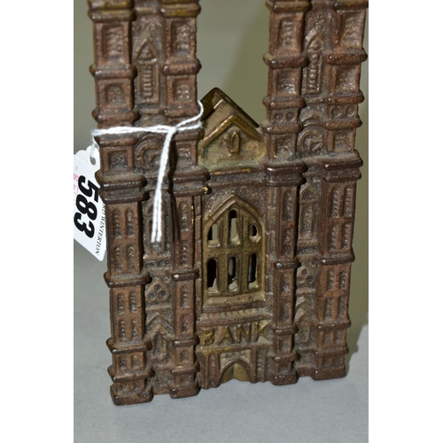 583 - A CAST IRON MONEY BOX, in the form of a twin towered Gothic Cathedral , marked bank to front, flat V... 