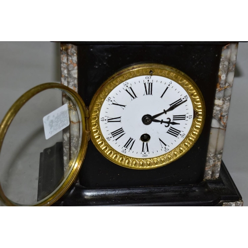 592 - A BLACK SLATE AND MARBLE MANTEL CLOCK, white enamel dial with Roman numeral, hour markers and Arabic... 