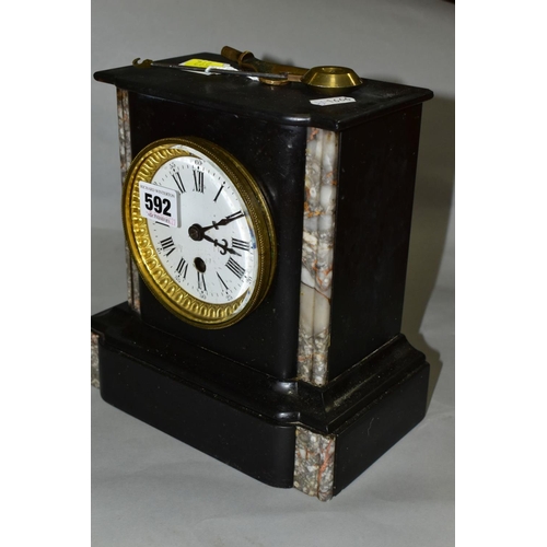 592 - A BLACK SLATE AND MARBLE MANTEL CLOCK, white enamel dial with Roman numeral, hour markers and Arabic... 