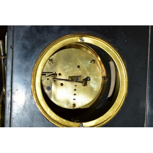 592 - A BLACK SLATE AND MARBLE MANTEL CLOCK, white enamel dial with Roman numeral, hour markers and Arabic... 