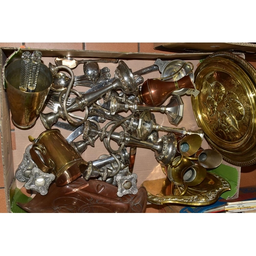 595 - A BOX OF METALWARE, to include a copper and a brass Art Nouveau style crumb tray, various plated can... 