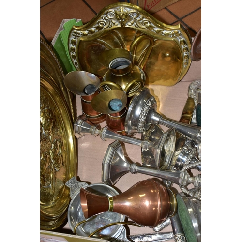 595 - A BOX OF METALWARE, to include a copper and a brass Art Nouveau style crumb tray, various plated can... 