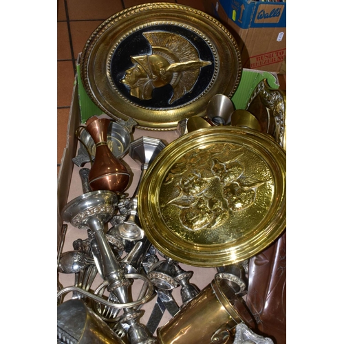 595 - A BOX OF METALWARE, to include a copper and a brass Art Nouveau style crumb tray, various plated can... 