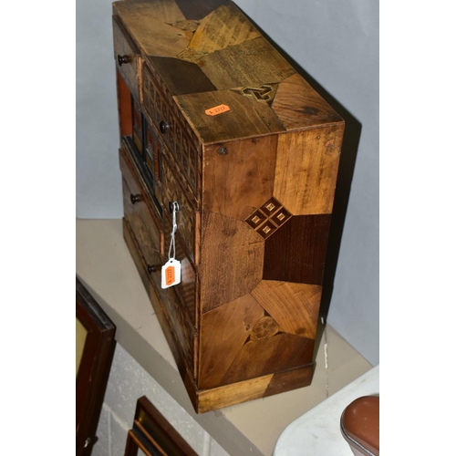 597 - A WOODEN PARQUETRY SPECIMEN BOX, five various sized draws and aperture with sliding pierced panels, ... 