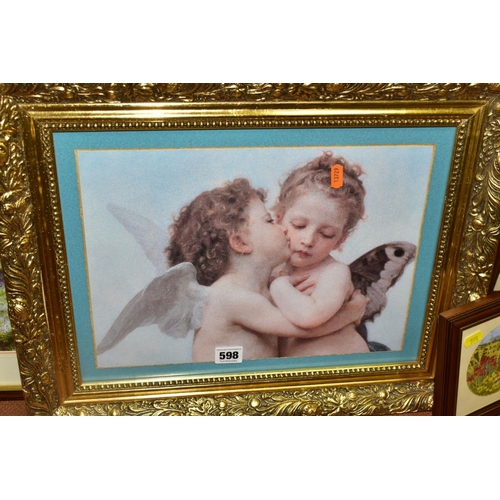 598 - ASSORTED PRINTS AND AMATEUR WATERCOLOURS, ETC, to include a gilt framed print of cupid and psyche by... 