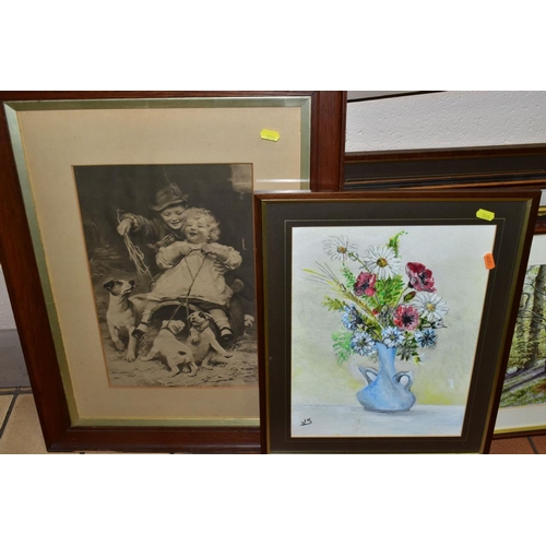 598 - ASSORTED PRINTS AND AMATEUR WATERCOLOURS, ETC, to include a gilt framed print of cupid and psyche by... 