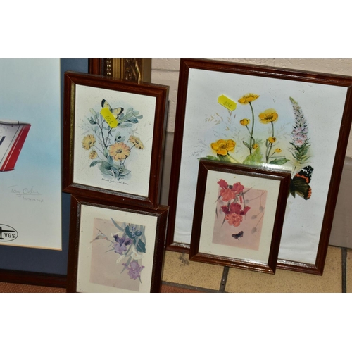 604 - PAINTINGS AND PRINTS, ETC, comprising a still life of flowers, unsigned oil on canvas, size approxim... 