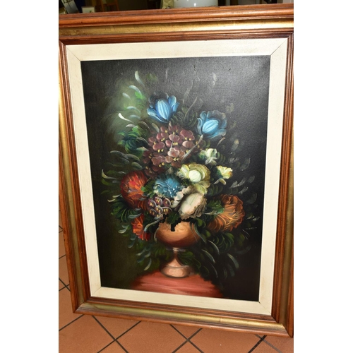 604 - PAINTINGS AND PRINTS, ETC, comprising a still life of flowers, unsigned oil on canvas, size approxim... 