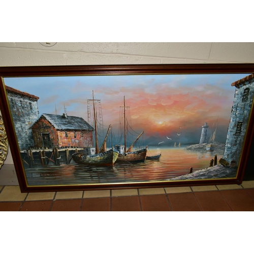 609 - MAX SAVY (20TH CENTURY), A fishing harbour at sunset, signed lower left, oil on canvas, framed, size... 