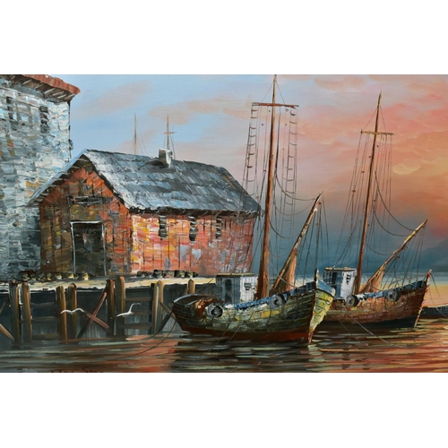 609 - MAX SAVY (20TH CENTURY), A fishing harbour at sunset, signed lower left, oil on canvas, framed, size... 