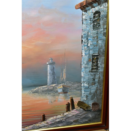 609 - MAX SAVY (20TH CENTURY), A fishing harbour at sunset, signed lower left, oil on canvas, framed, size... 