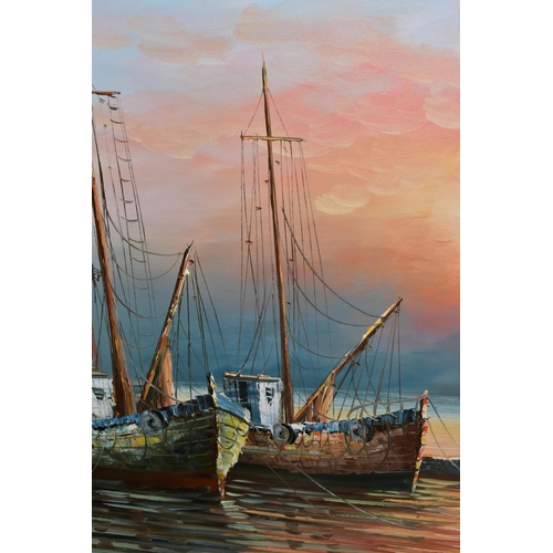 609 - MAX SAVY (20TH CENTURY), A fishing harbour at sunset, signed lower left, oil on canvas, framed, size... 