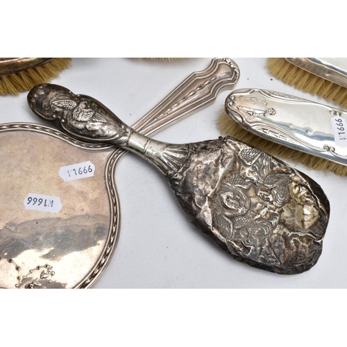 61 - A SELECTION OF SILVER VANITY PIECES, to include two rectangular clothes brushes with hallmarks for B... 