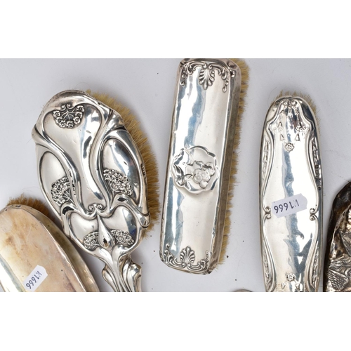 61 - A SELECTION OF SILVER VANITY PIECES, to include two rectangular clothes brushes with hallmarks for B... 