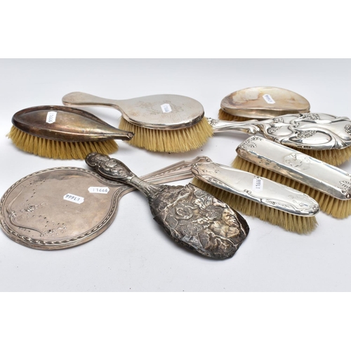 61 - A SELECTION OF SILVER VANITY PIECES, to include two rectangular clothes brushes with hallmarks for B... 