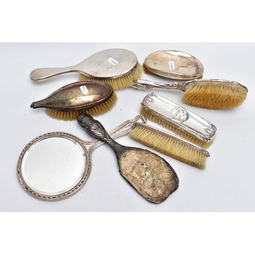 61 - A SELECTION OF SILVER VANITY PIECES, to include two rectangular clothes brushes with hallmarks for B... 