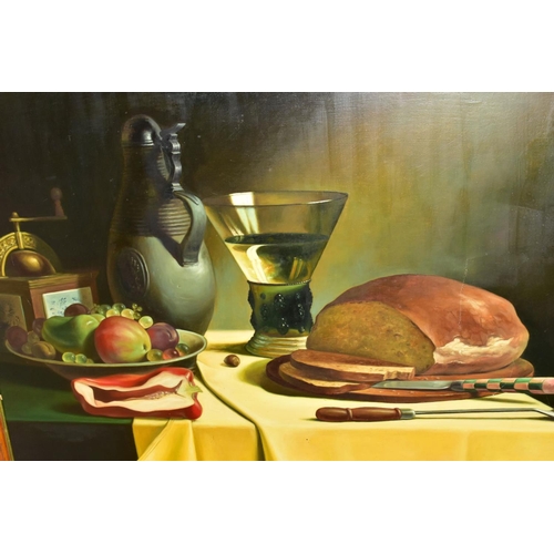 610 - BOGDAN MAGNUSKI (POLAND 1952), still life table setting with bread, fruit and wine, signed and dated... 