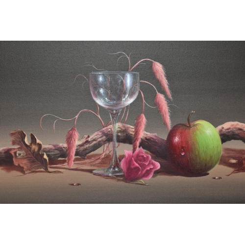 612 - JOHN.F.SIM (BRITISH CONTEMPORARY),a pair of still life studies depicting apples, wine, glasses, foli... 