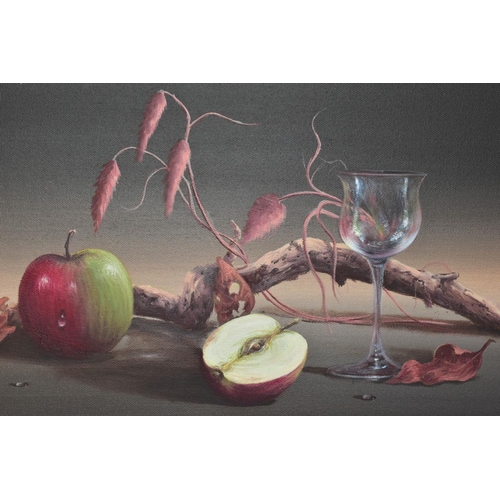 612 - JOHN.F.SIM (BRITISH CONTEMPORARY),a pair of still life studies depicting apples, wine, glasses, foli... 