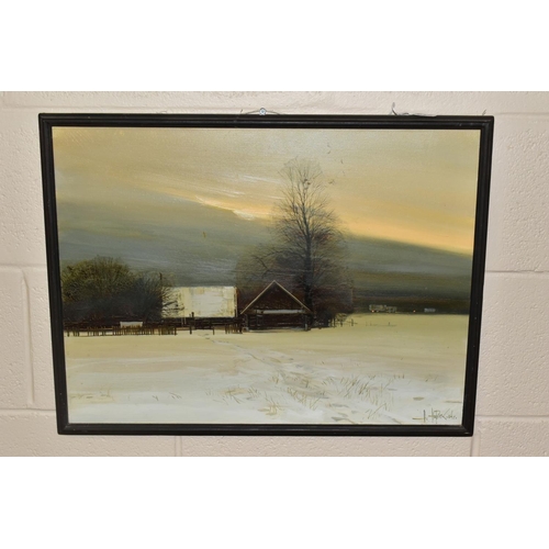 613 - A WINTER LANDSCAPE WITH TRACKS LEADING ACROSS A FIELD TO FARM BUILDINGS, indistinctly signed (possib... 