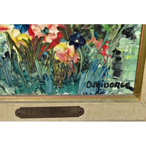 615 - ODETTE MIDORGE (FRENCH 20TH CENTURY), cottage garden style flowers in a flower bed, signed bottom ri... 