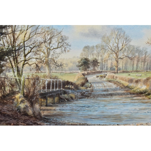 617 - REX PRESTON (BRITISH 1948), 'Far Hoar Cross Ford', a stream running through a rural landscape settin... 