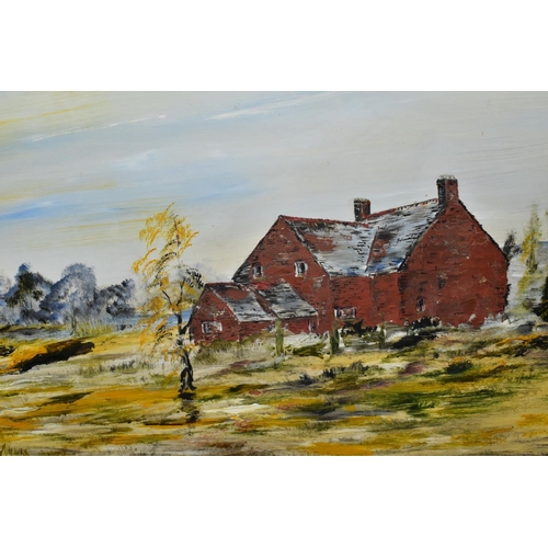 618 - AN OIL ON BOARD OF 'DORIS CROFT FROM THE CANAL SIDE', a view of a redbrick building, initialled and ... 