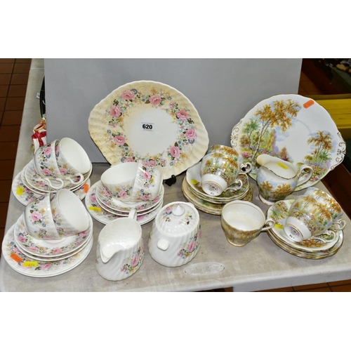 620 - MINTON 'ROSE GARLAND' TEAWARES, comprising cake/sandwich plate (stained), covered twin handled sugar... 