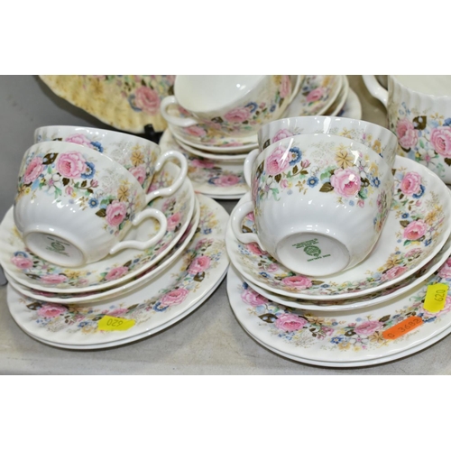 620 - MINTON 'ROSE GARLAND' TEAWARES, comprising cake/sandwich plate (stained), covered twin handled sugar... 