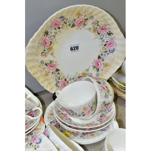 620 - MINTON 'ROSE GARLAND' TEAWARES, comprising cake/sandwich plate (stained), covered twin handled sugar... 