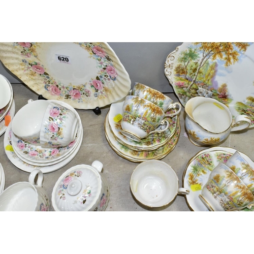 620 - MINTON 'ROSE GARLAND' TEAWARES, comprising cake/sandwich plate (stained), covered twin handled sugar... 