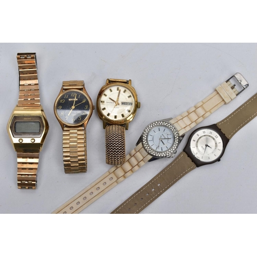 63 - FIVE WRISTWATCHES, to include a gents circular gold tone dial signed 'Sekonda' baton markers, day da... 