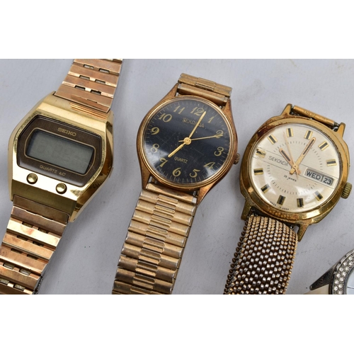 63 - FIVE WRISTWATCHES, to include a gents circular gold tone dial signed 'Sekonda' baton markers, day da... 