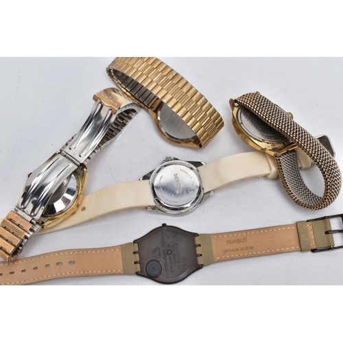 63 - FIVE WRISTWATCHES, to include a gents circular gold tone dial signed 'Sekonda' baton markers, day da... 