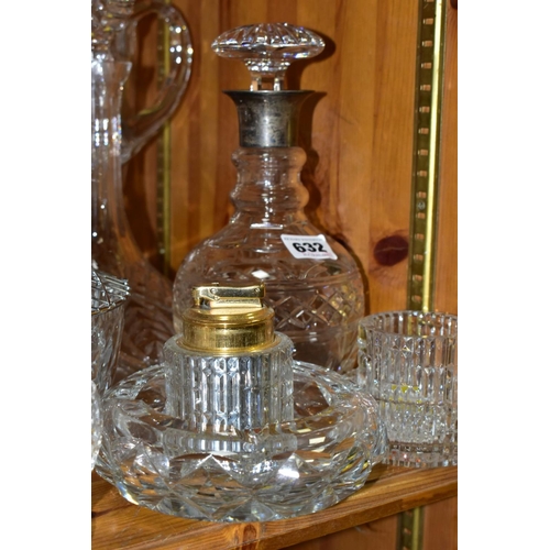 632 - A PARCEL OF CUT GLASS, ETC, to include a silver collar Prussian form decanter with mushroom stopper ... 