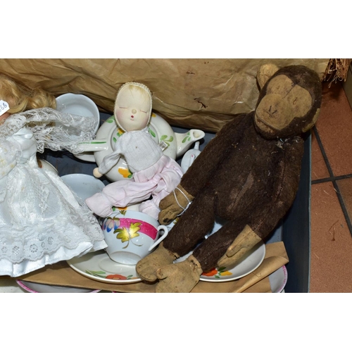 633 - AN UNMARKED BROWN PLUSH MONKEY, well loved playworn condition, missing eyes, beard and tail, has fel... 