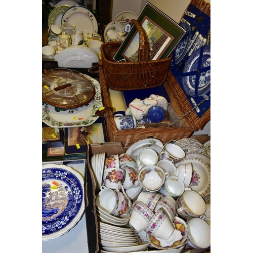 639 - THREE BOXES, WICKER BASKETS AND LOOSE CERAMICS, GLASS ETC, to include an 'Optima' wicker picnic bask... 