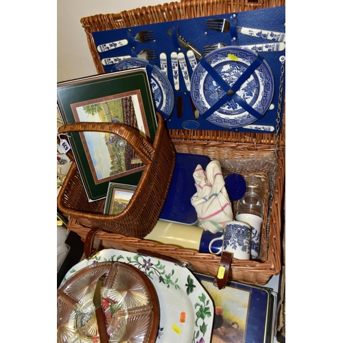 639 - THREE BOXES, WICKER BASKETS AND LOOSE CERAMICS, GLASS ETC, to include an 'Optima' wicker picnic bask... 