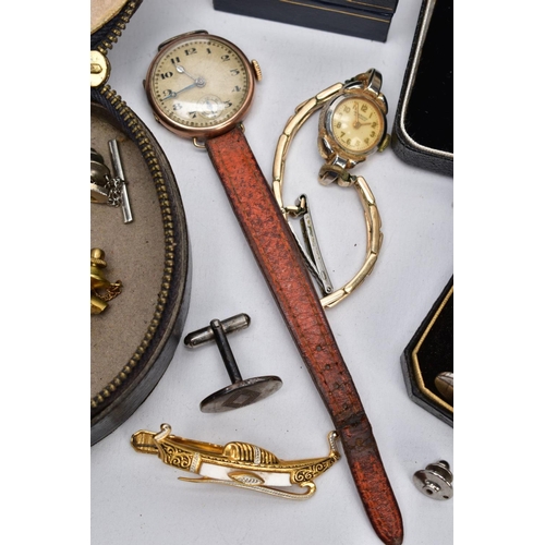 64 - A SELECTION OF ITEMS, to include a 9ct rose gold cased wristwatch circular discoloured dial, Arabic ... 