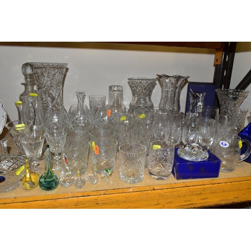 643 - VARIOUS CUT AND ETCHED GLASSWARES, ETC, to include boxed Tutbury vase, height 18.5cm, a boxed Tutbur... 