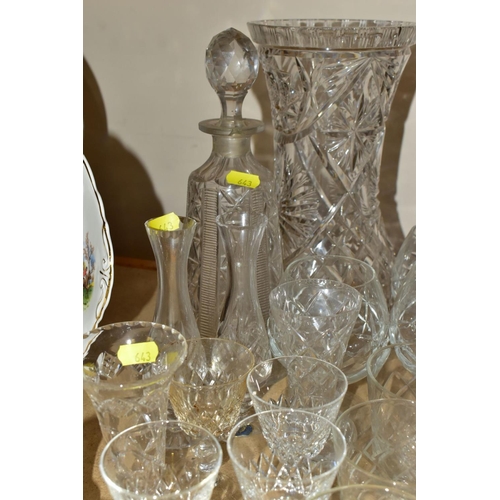 643 - VARIOUS CUT AND ETCHED GLASSWARES, ETC, to include boxed Tutbury vase, height 18.5cm, a boxed Tutbur... 