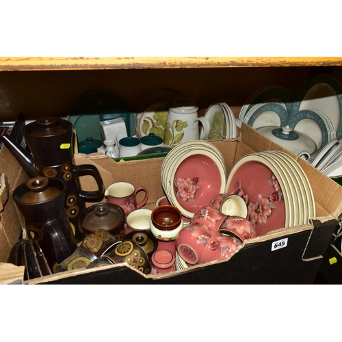 645 - THREE BOXES OF DENBY AND ROYAL DOULTON PART DINNERWARES, to include Denby 'Damask' (sd) (32), 'Arabe... 