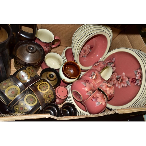 645 - THREE BOXES OF DENBY AND ROYAL DOULTON PART DINNERWARES, to include Denby 'Damask' (sd) (32), 'Arabe... 