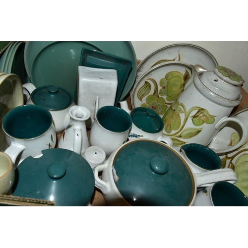 645 - THREE BOXES OF DENBY AND ROYAL DOULTON PART DINNERWARES, to include Denby 'Damask' (sd) (32), 'Arabe... 