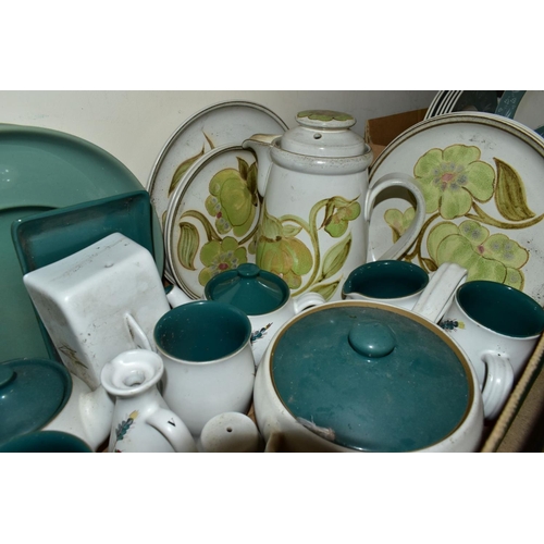 645 - THREE BOXES OF DENBY AND ROYAL DOULTON PART DINNERWARES, to include Denby 'Damask' (sd) (32), 'Arabe... 