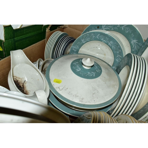 645 - THREE BOXES OF DENBY AND ROYAL DOULTON PART DINNERWARES, to include Denby 'Damask' (sd) (32), 'Arabe... 