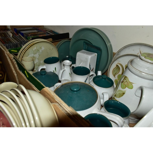 645 - THREE BOXES OF DENBY AND ROYAL DOULTON PART DINNERWARES, to include Denby 'Damask' (sd) (32), 'Arabe... 