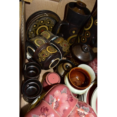 645 - THREE BOXES OF DENBY AND ROYAL DOULTON PART DINNERWARES, to include Denby 'Damask' (sd) (32), 'Arabe... 