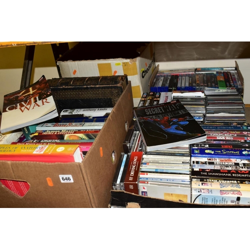 646 - FOUR BOXES OF BOOKS, DVD'S, CD'S, ETC, to include Holy Bible, other books relating to poetry, cookin... 